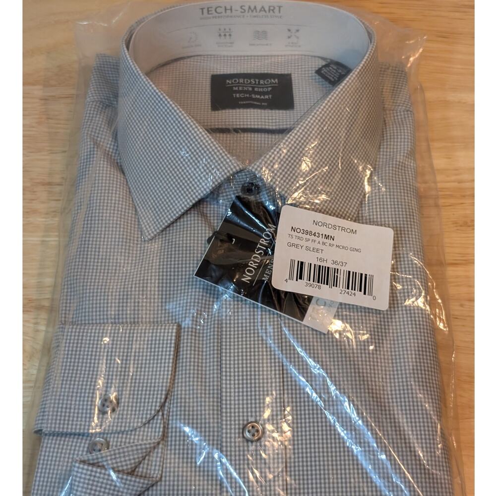 NORDSTROM Tech Smart Dress Shirt Mens 16.5 Neck 36 37 Grey Sleet Plaid NEW